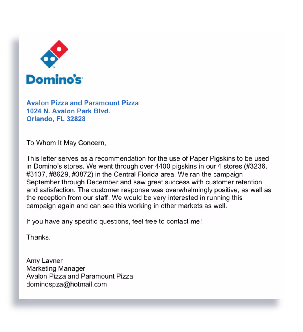 Domino's promotional recommendation letter