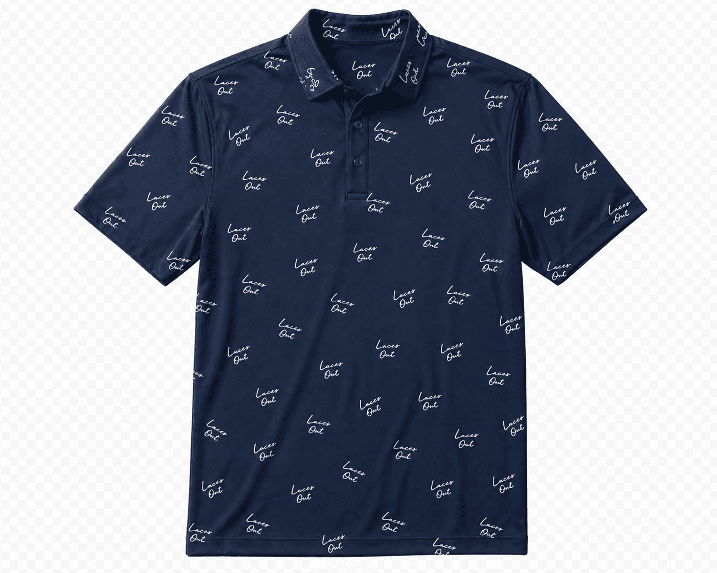 Navy Laces Out polo patterned with the Laces Out script logo